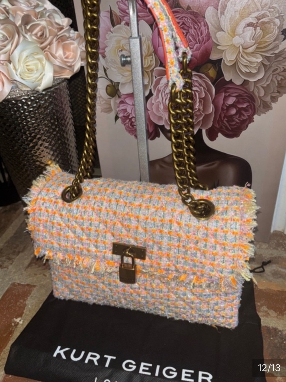 Kurt Geiger Brixton Tweed Orange multi color Chain Shoulder Bag NWT
